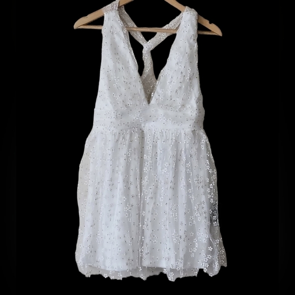 Lulus Ailey Ivory Twist Back Skater Metallic Tulle Mini Dress Size Medium - Picture 3 of 12